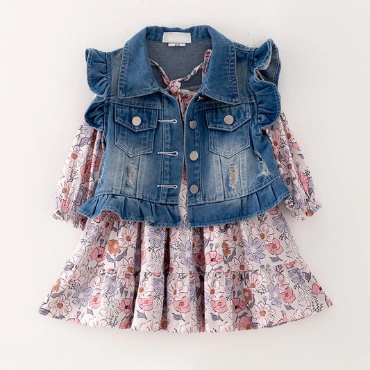 Floral Dress + Denim Vest Set