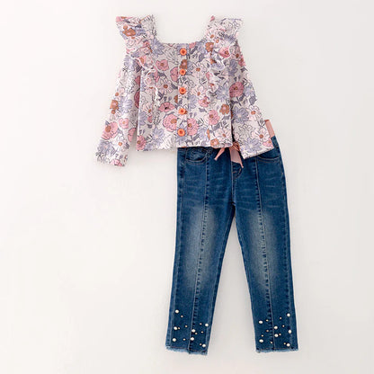 Floral Denim Pearl Pant Set