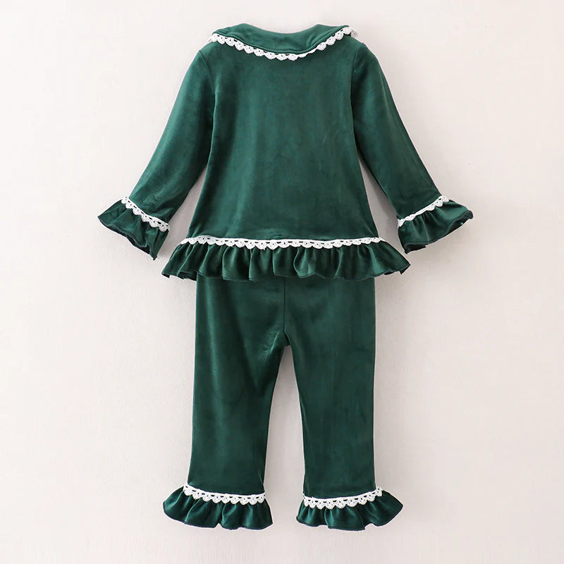 Green Velvet Ruffle Pajamas