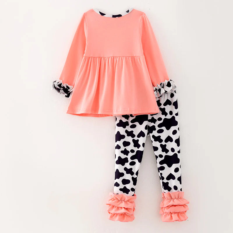 Coral Cow Ruffle Pant Set