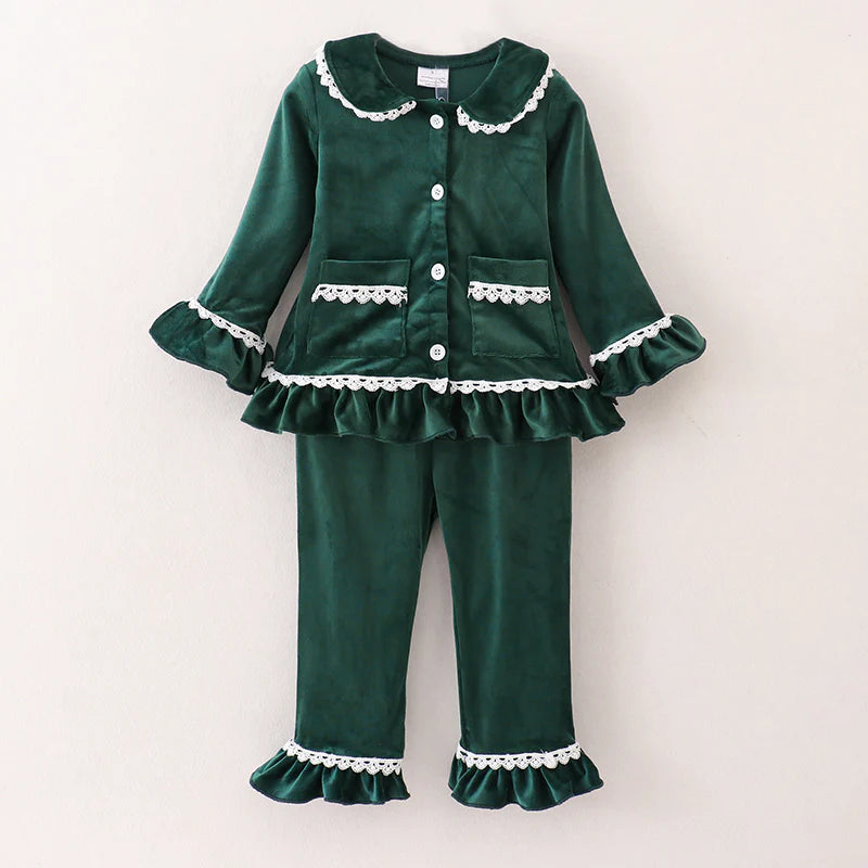 Green Velvet Ruffle Pajamas