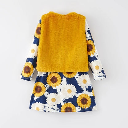 Sunflower Dress + Faux Fur Vest Set