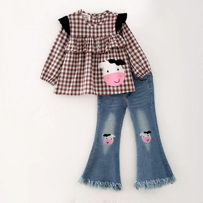 Brown Plaid Cow Denim Pant Set