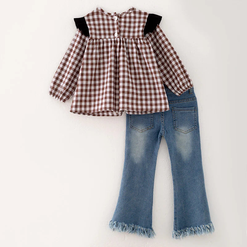 Brown Plaid Cow Denim Pant Set