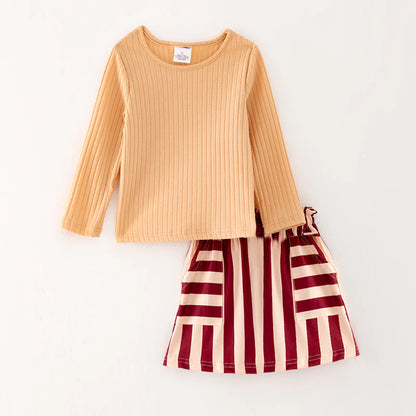 Beige Striped Skirt Set