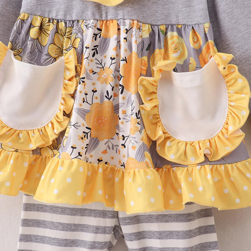 Yellow/Grey Floral Bell Bottom Set