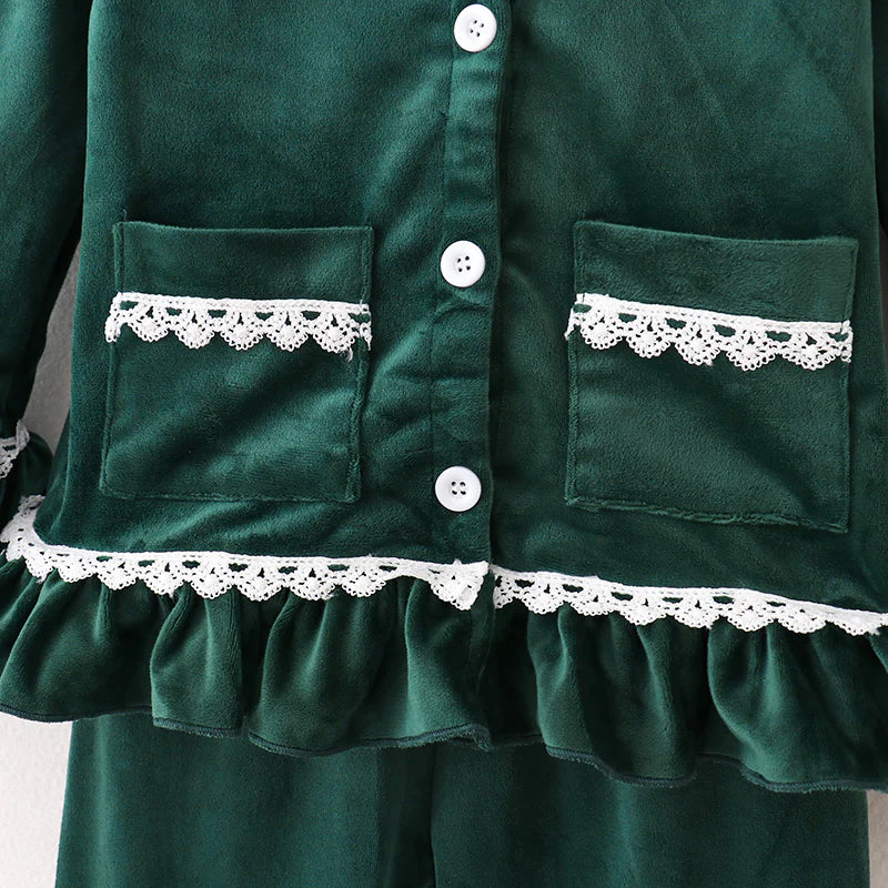 Green Velvet Ruffle Pajamas