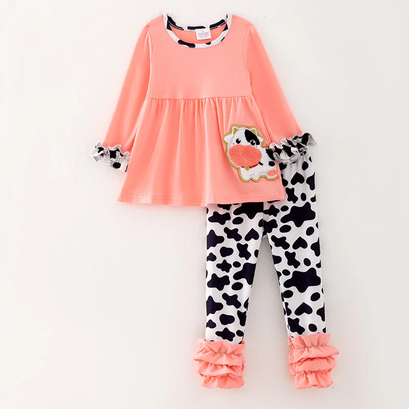 Coral Cow Ruffle Pant Set