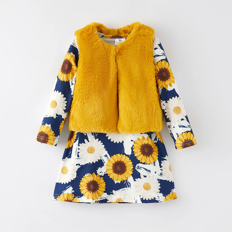 Sunflower Dress + Faux Fur Vest Set