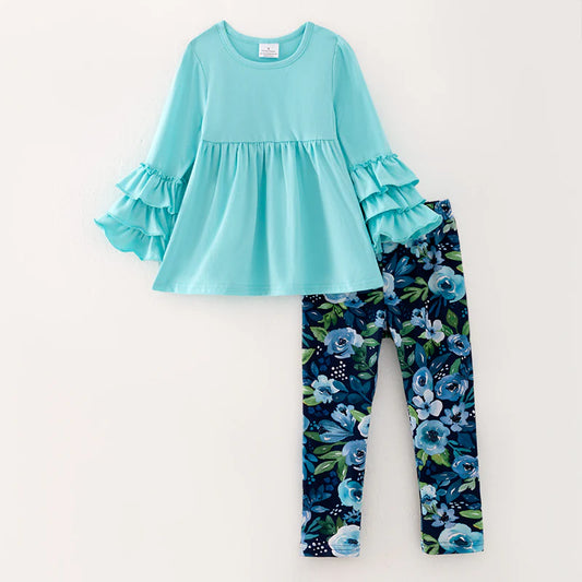 Blue Floral Ruffle Tunic Set