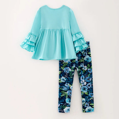 Blue Floral Ruffle Tunic Set