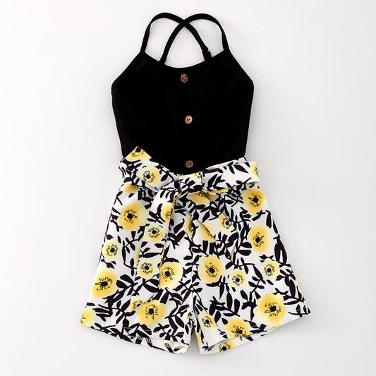 Black/Yellow Floral Shortie Romper