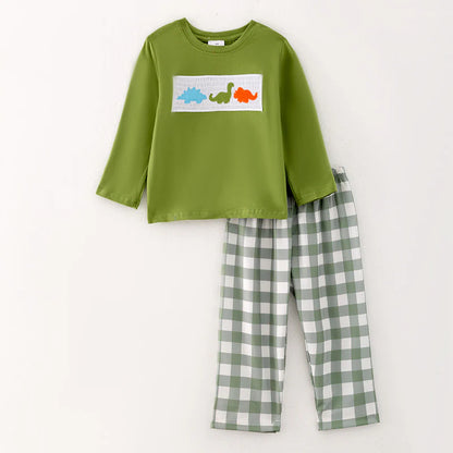 Green Plaid Dinosaur Pant Set