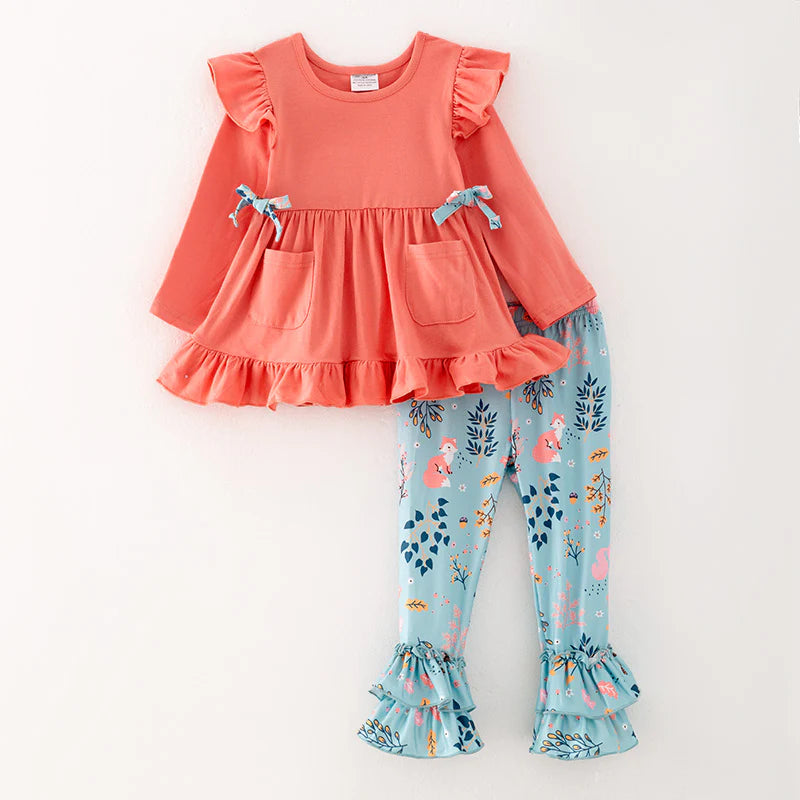 Coral Woodland Ruffle Pant Set