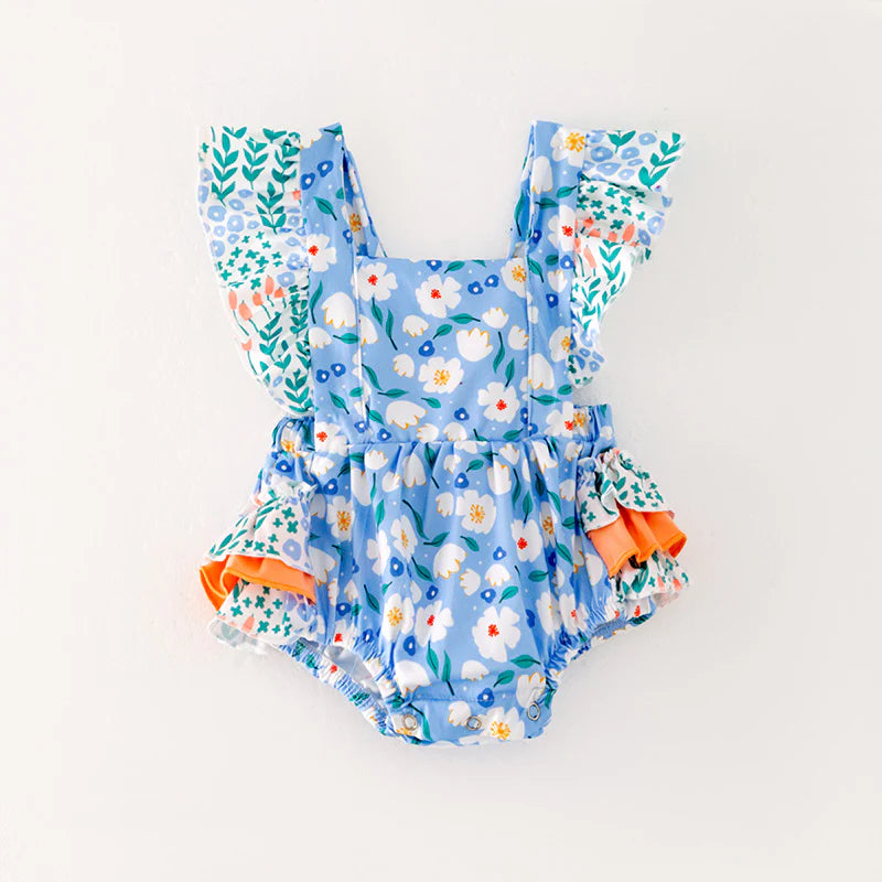 Blue Floral Ruffle Romper