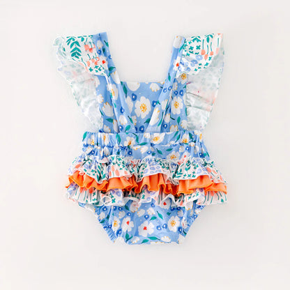 Blue Floral Ruffle Romper