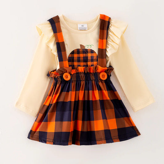 Plaid Pumpkin Suspender Skirt Set