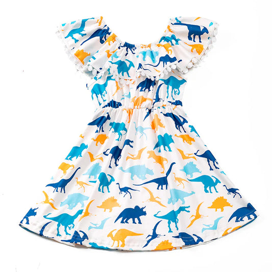 Blue/Mustard Dinosaur Pom Dress