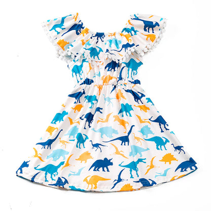 Blue/Mustard Dinosaur Pom Dress