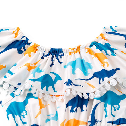 Blue/Mustard Dinosaur Pom Dress